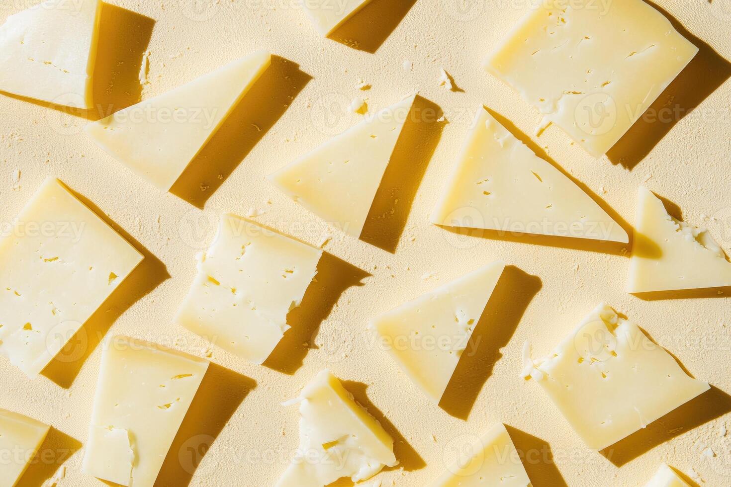 A Collection of Triangular and Square Cheese Pieces on a Yellow Surface photo