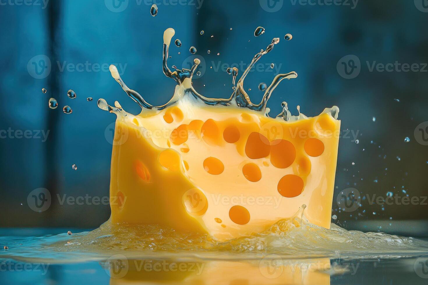 A Block of Swiss Cheese Creating a Water Splash photo