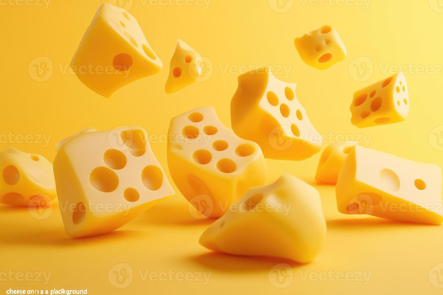 A Collection of Swiss Cheese Cubes Floating in Mid-Air on a Yellow Background photo