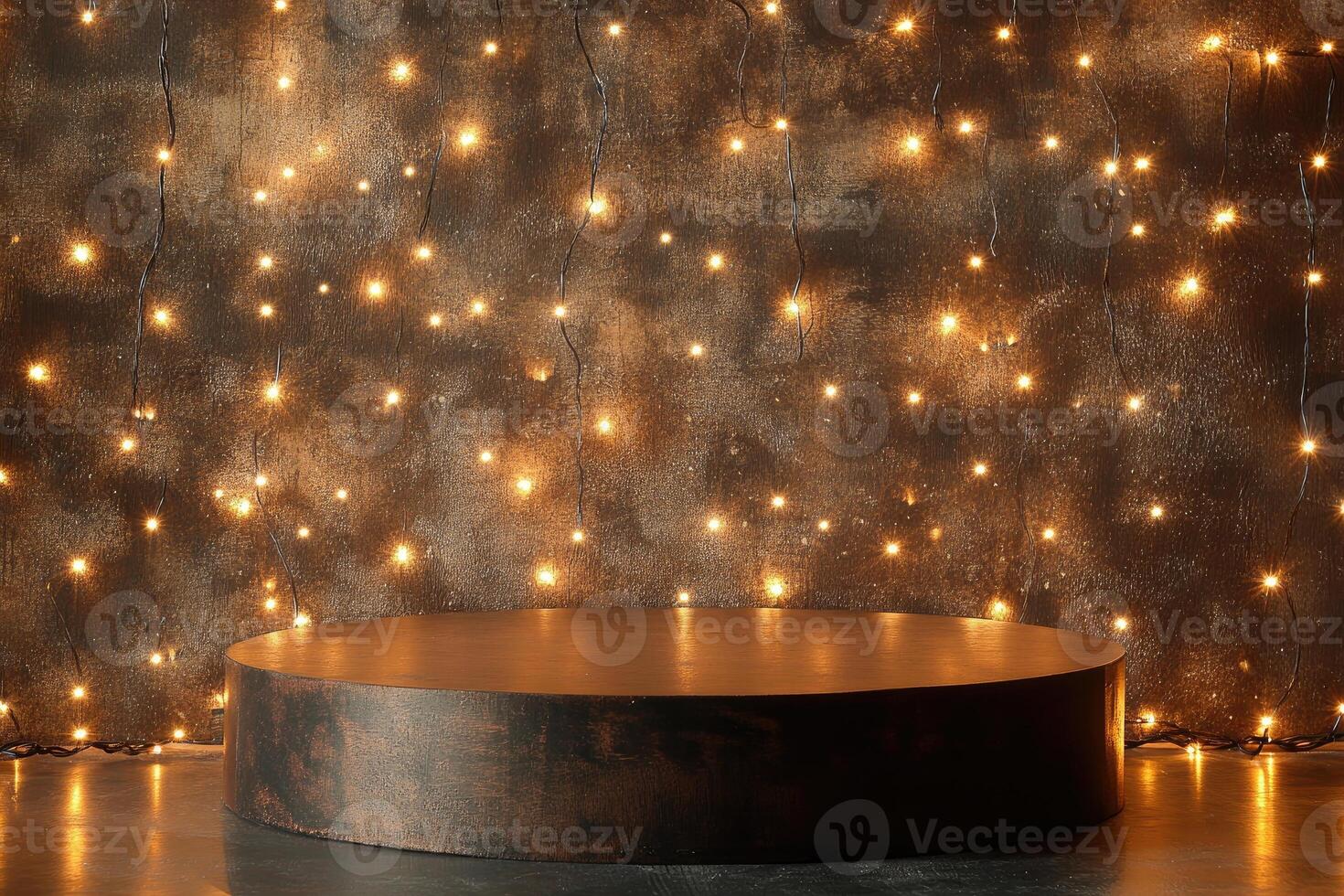Round Wooden Platform with String Lights in Front of Rough Wall photo