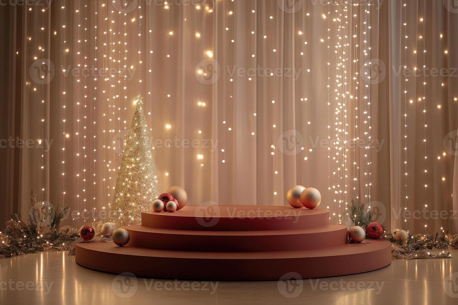 Festive Christmas Display with a Circular Platform and a Glittering Christmas Tree photo