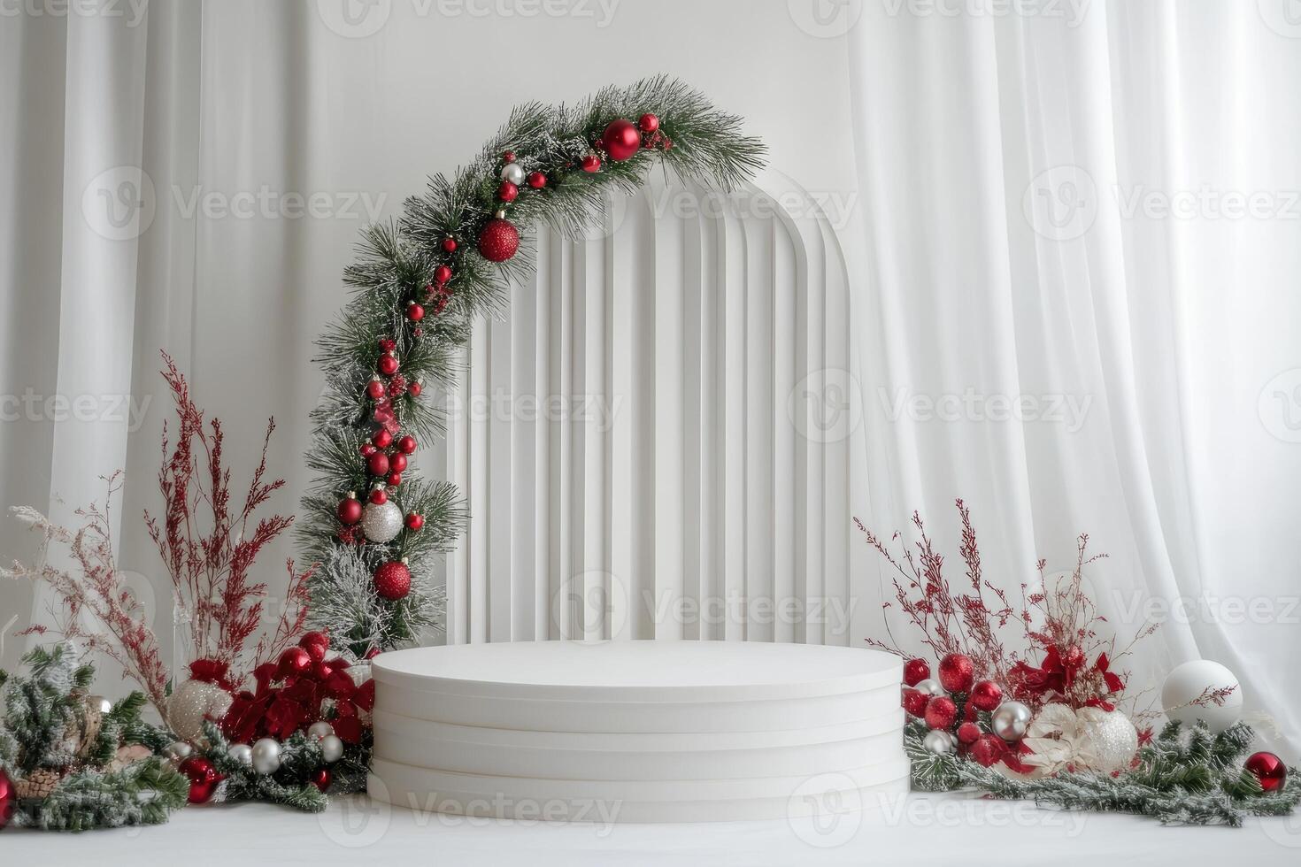 White Christmas Decor with a Circular Platform photo