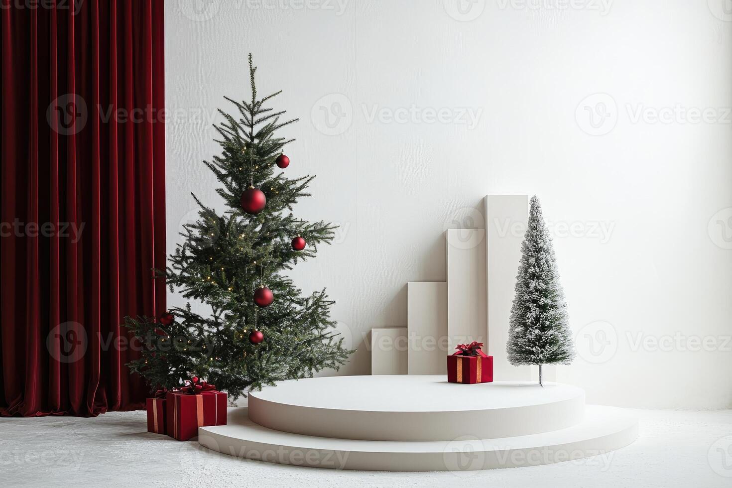 Minimalist Christmas Scene with Red Velvet Curtains, Christmas Trees, and Gifts on a White Platform photo