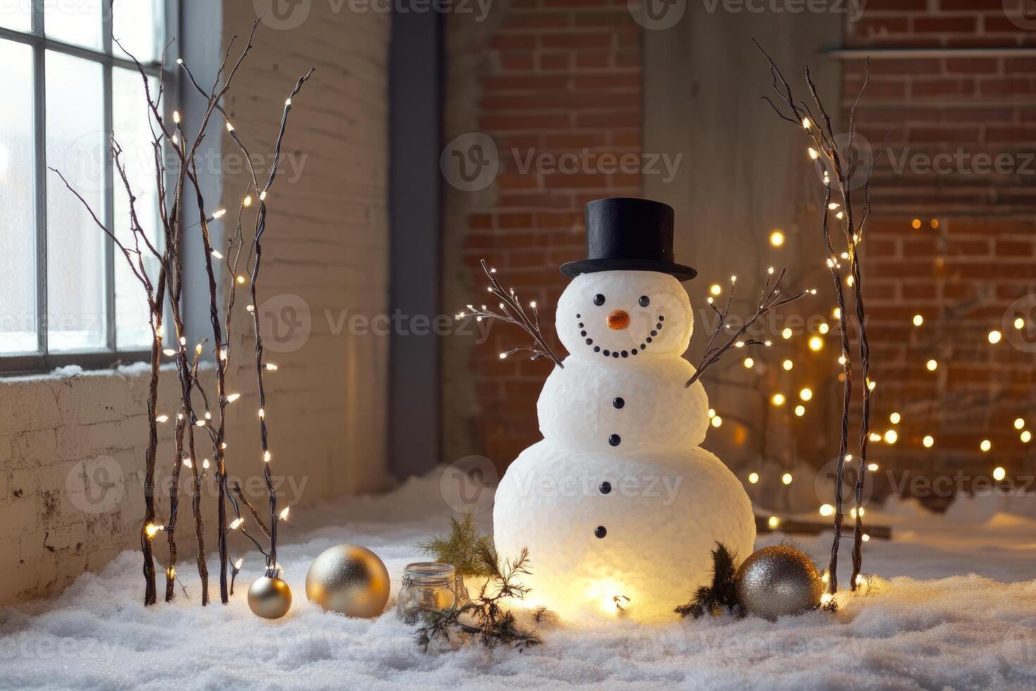 Snowman with Top Hat and String Lights in a Snowy Setting photo