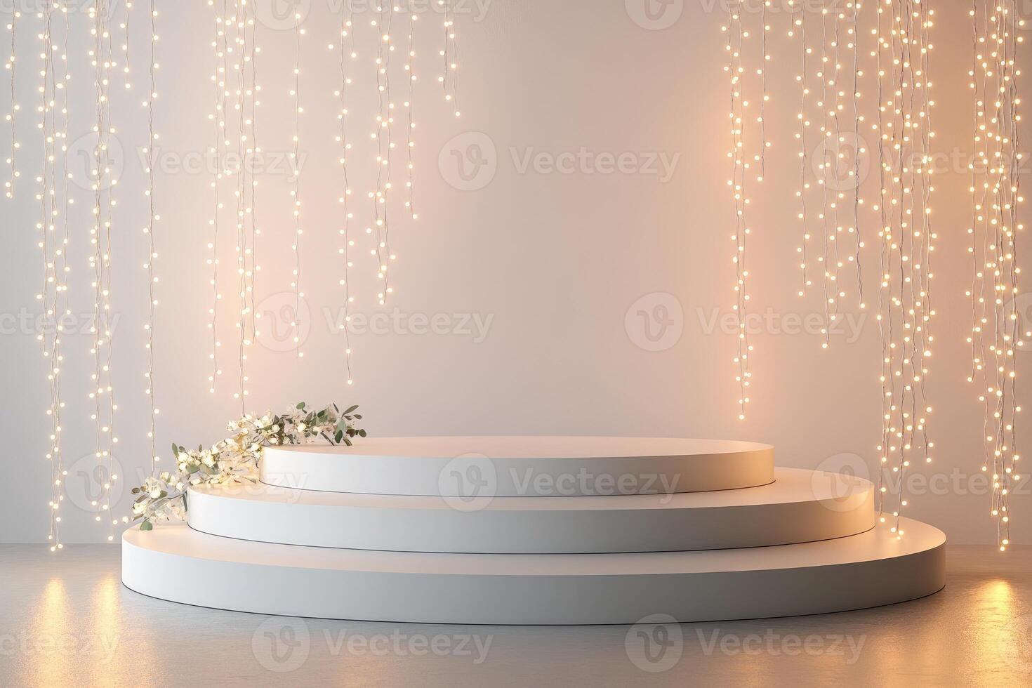 White Circular Platform with String Lights and Greenery photo