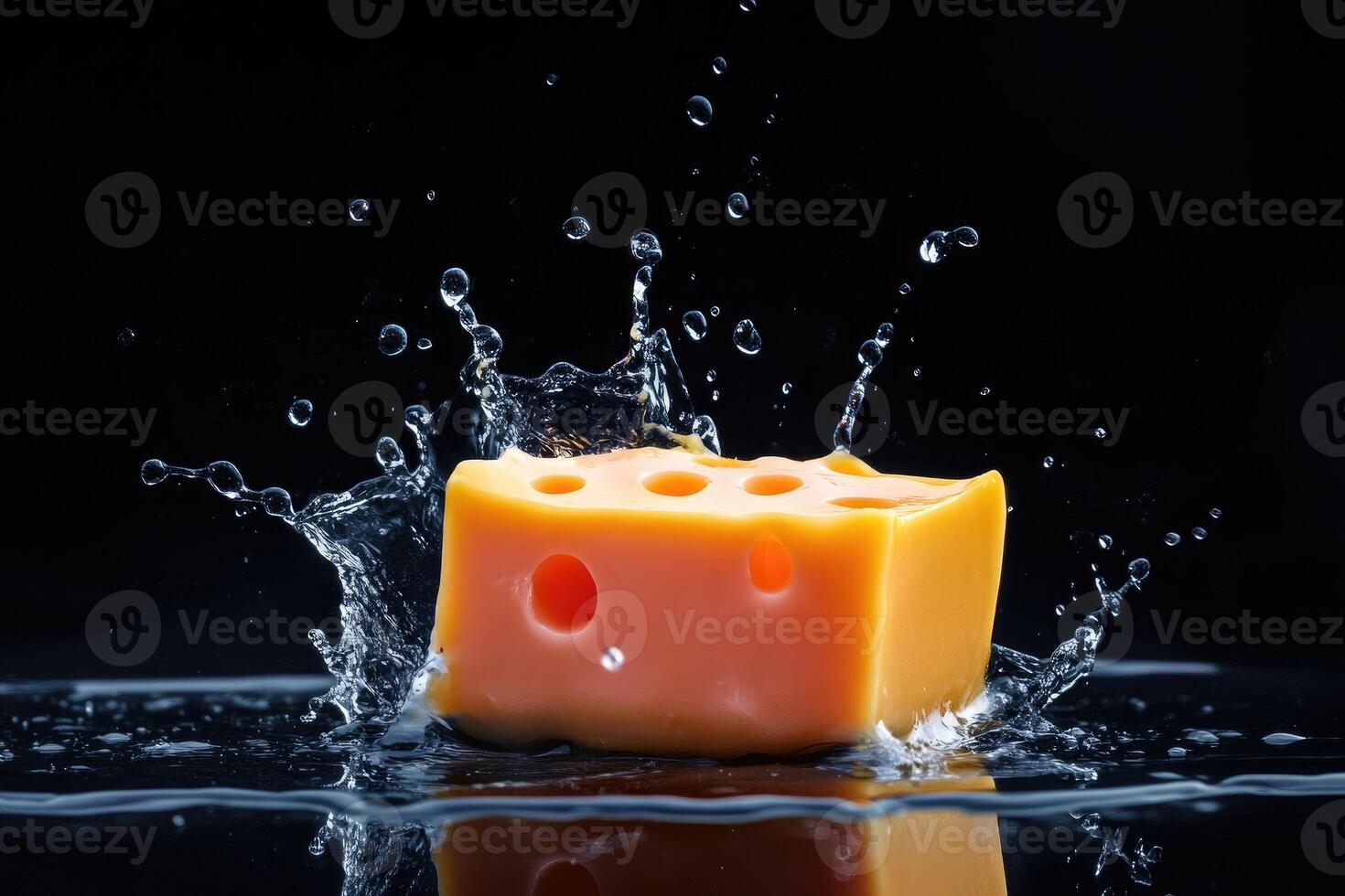 A block of Swiss cheese hitting water and creating a splash. photo