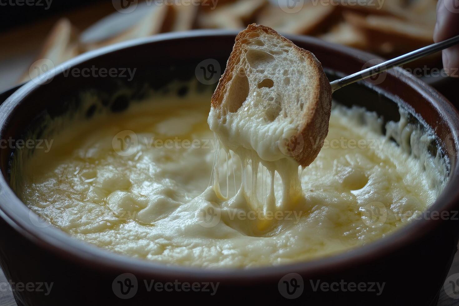 Close-up of a Bread Cube Dipping in Creamy Cheese Fondue photo