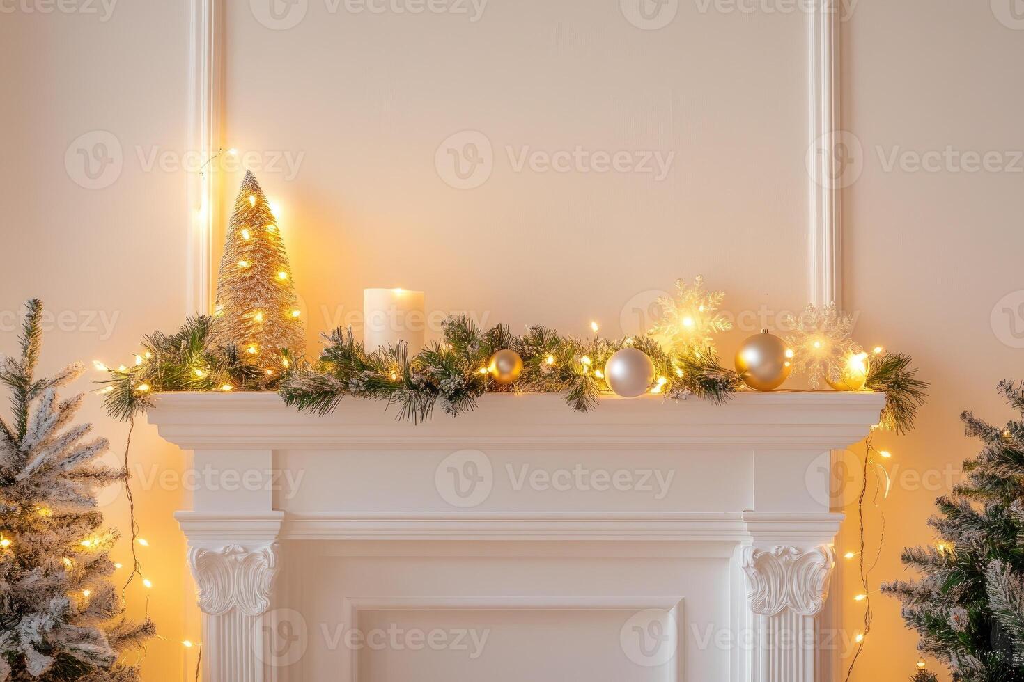 White Fireplace Mantel Decorated with Christmas Lights and Ornaments photo
