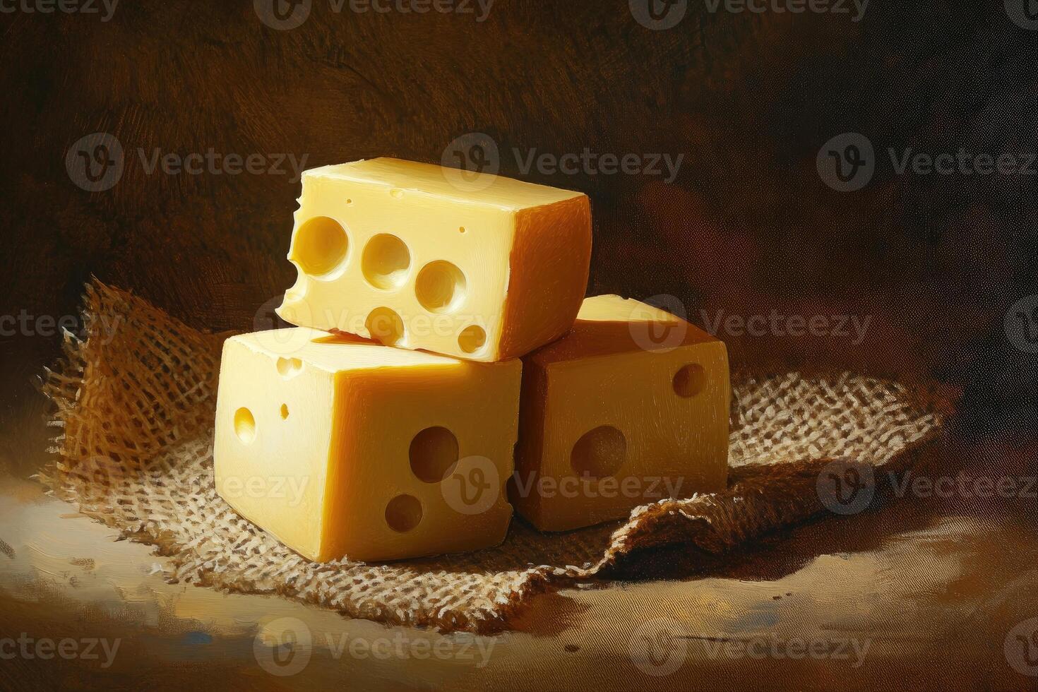 Still Life with Three Cubes of Swiss Cheese on Burlap photo