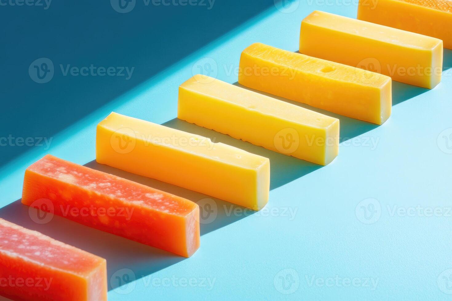 Gradient of Yellow and Orange Soap Bars on Blue Background photo