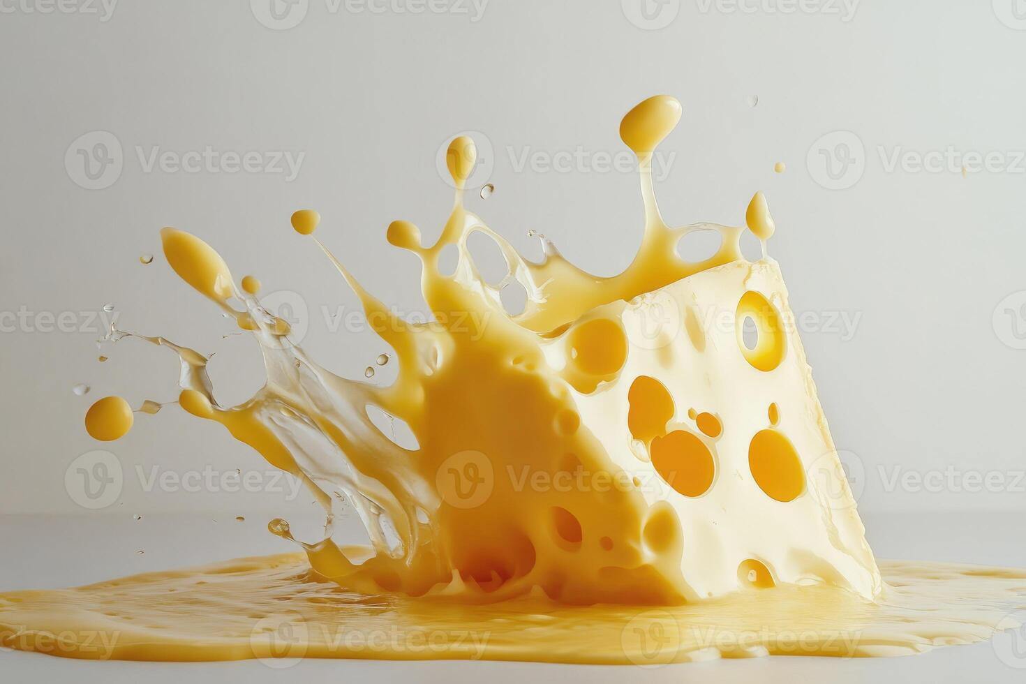 A Piece of Swiss Cheese Splashes and Spreads on a White Surface photo