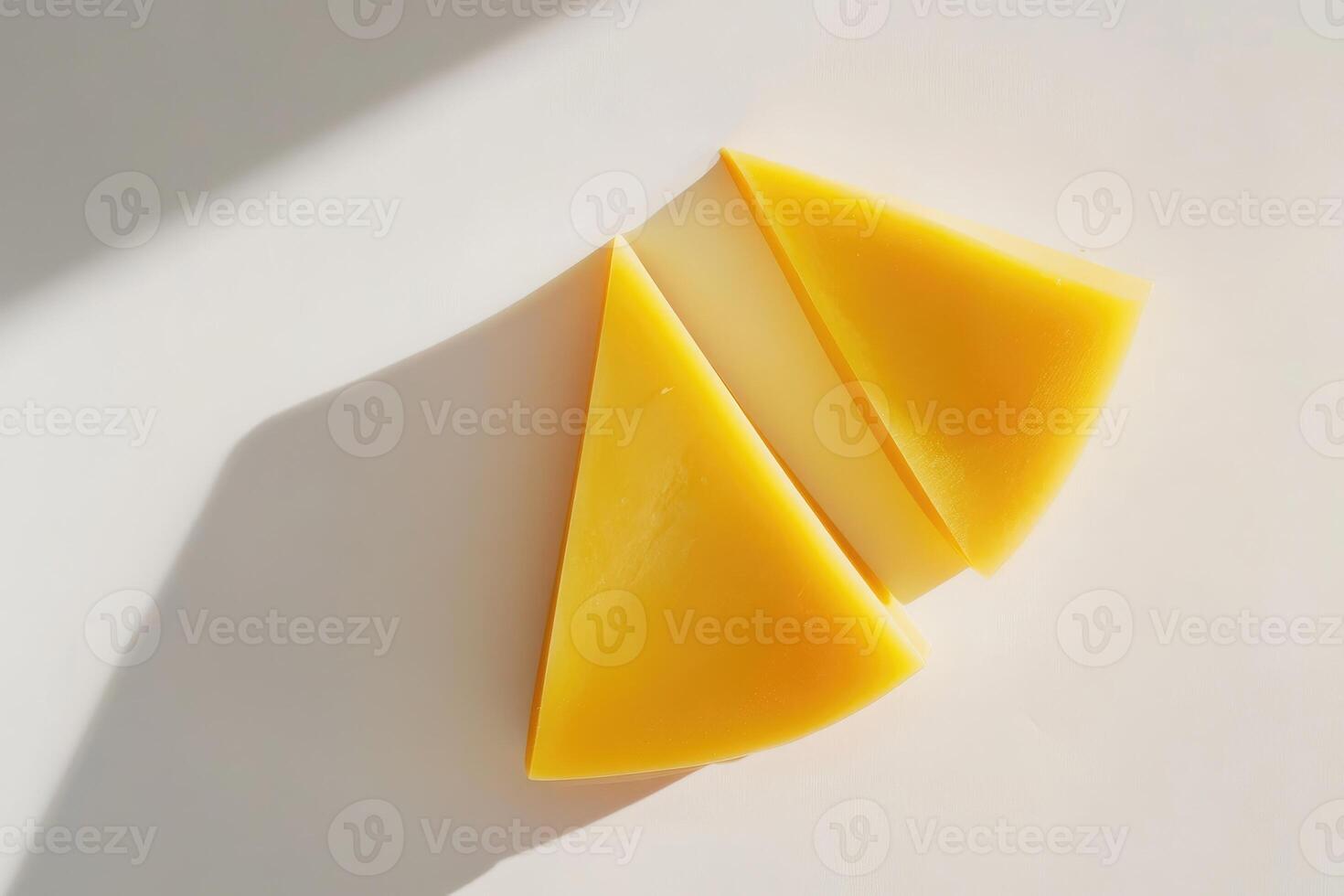 Two Triangular Pieces of Yellow Cheese on a White Surface photo