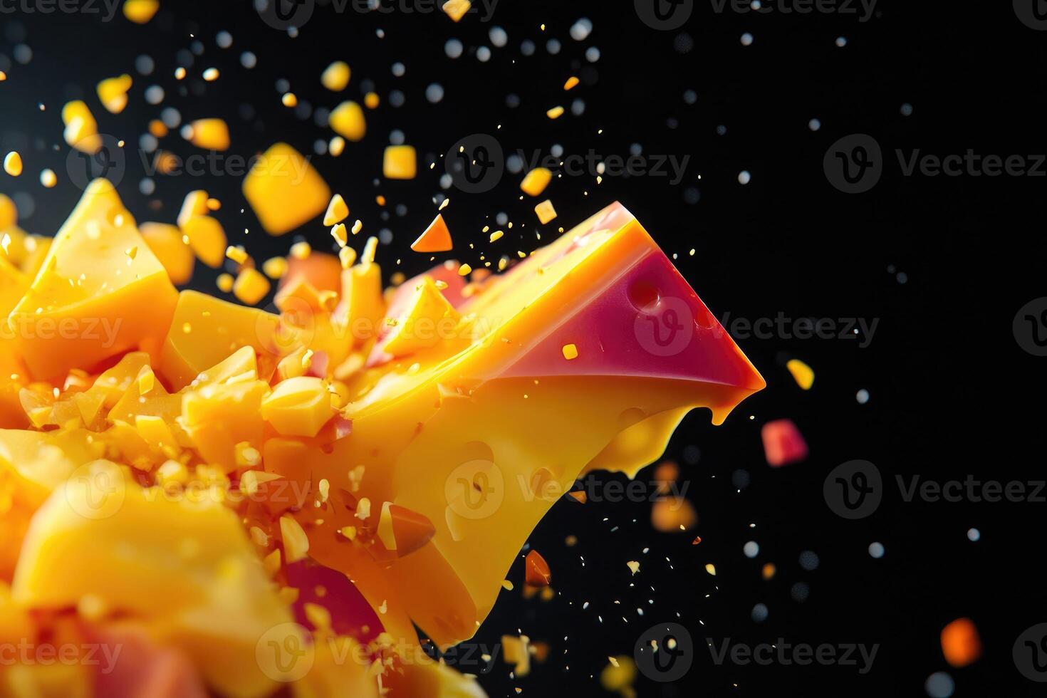 A Chunk of Swiss Cheese Explodes into a Shower of Yellow and Orange Fragments photo