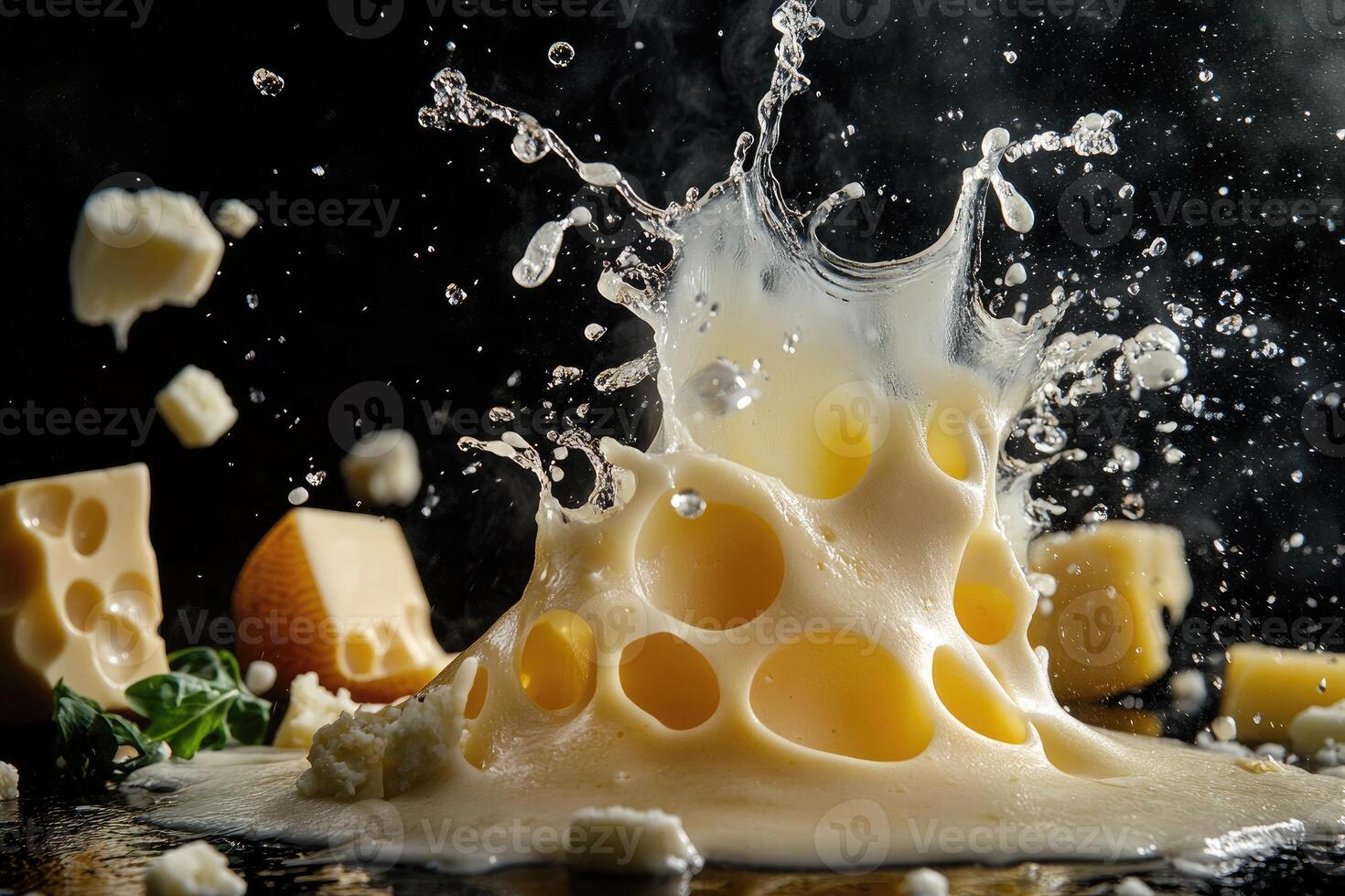 A Cheese Explosion in Mid-Air with Steam and Splashing Milk photo
