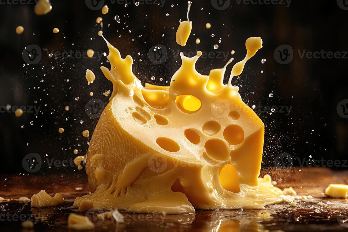 A Piece of Swiss Cheese Splattered and Falling on a Wooden Surface photo