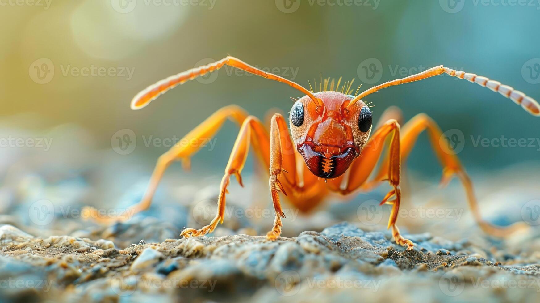 An ant is shown in full color detail with a focus on its head and antennae. photo