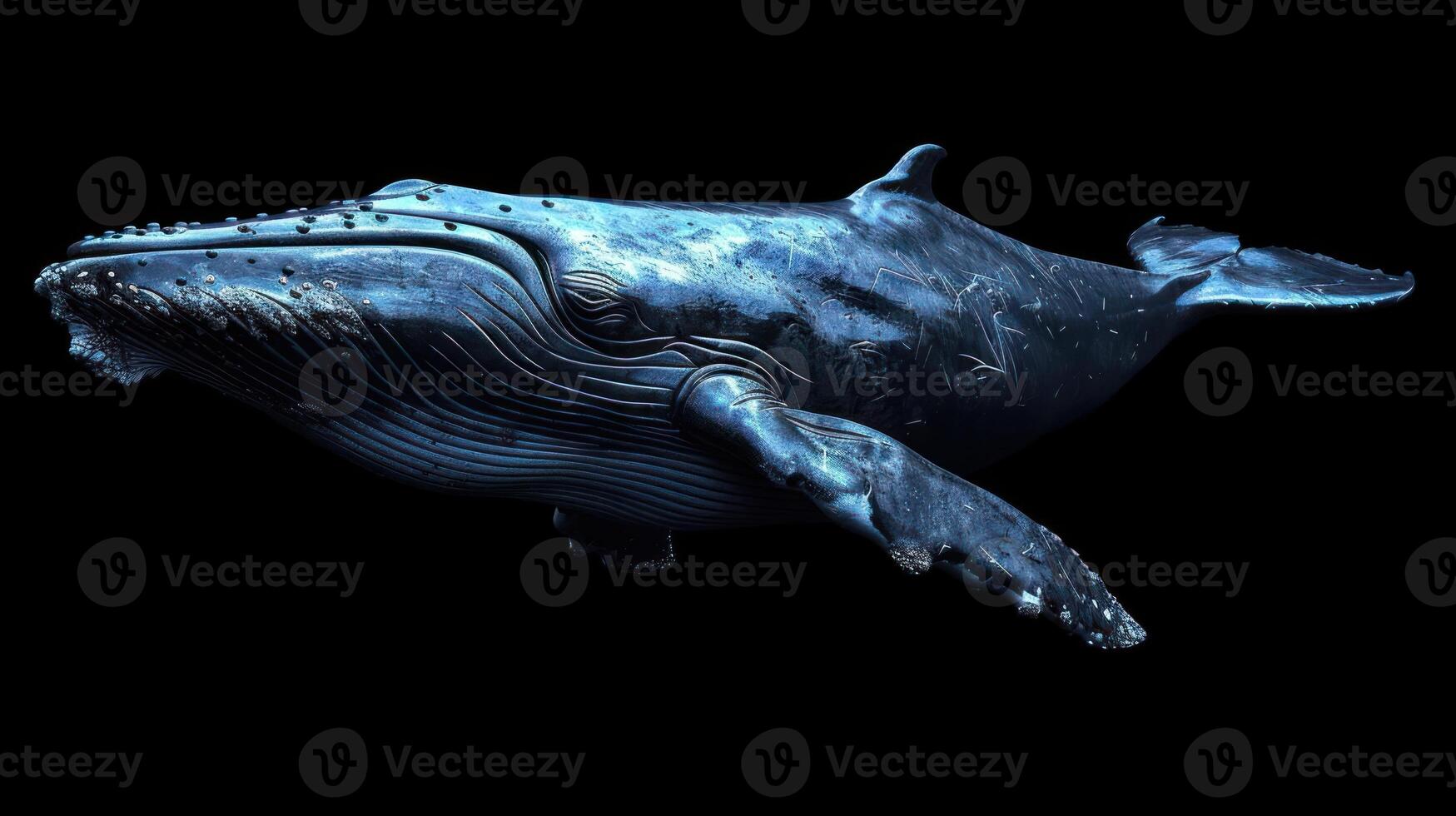 A majestic blue whale with its mouth open, swimming underwater. photo