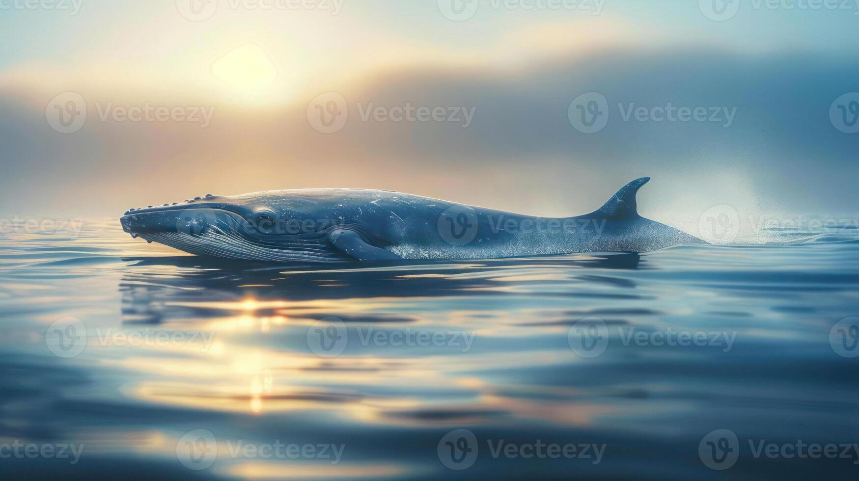 A majestic whale glides gracefully through the tranquil ocean under a clear sky. photo