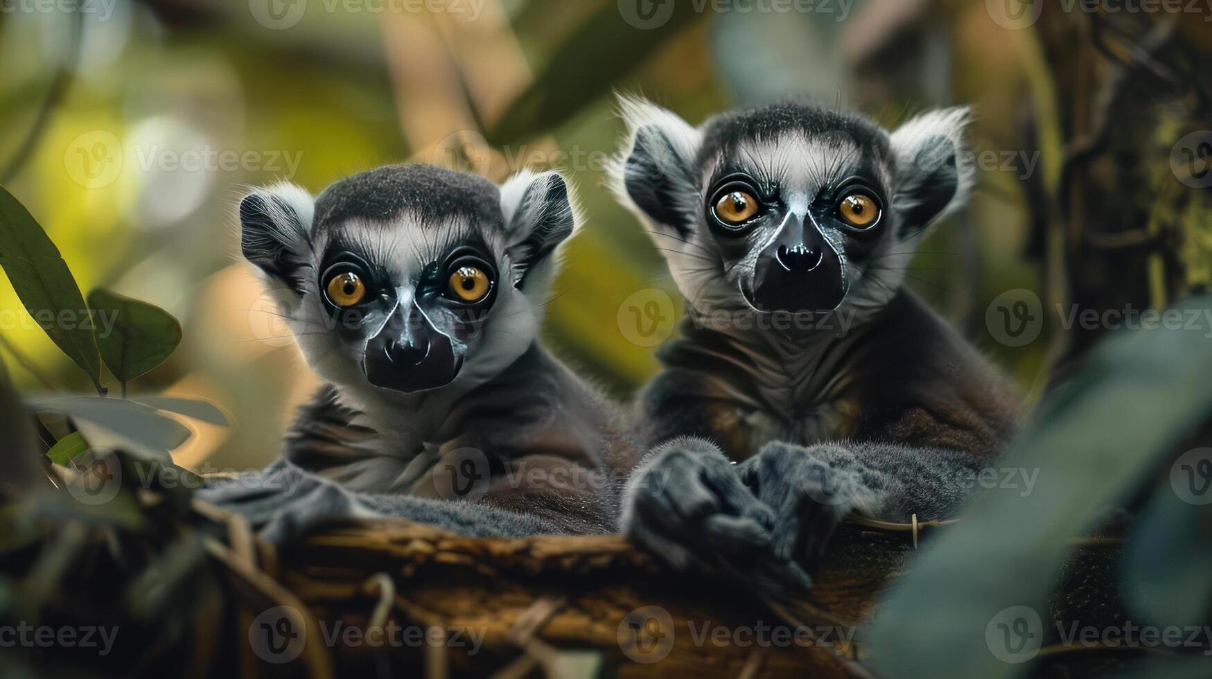 Adorable baby and young mongoose peek out from a leafy forest canopy, photo