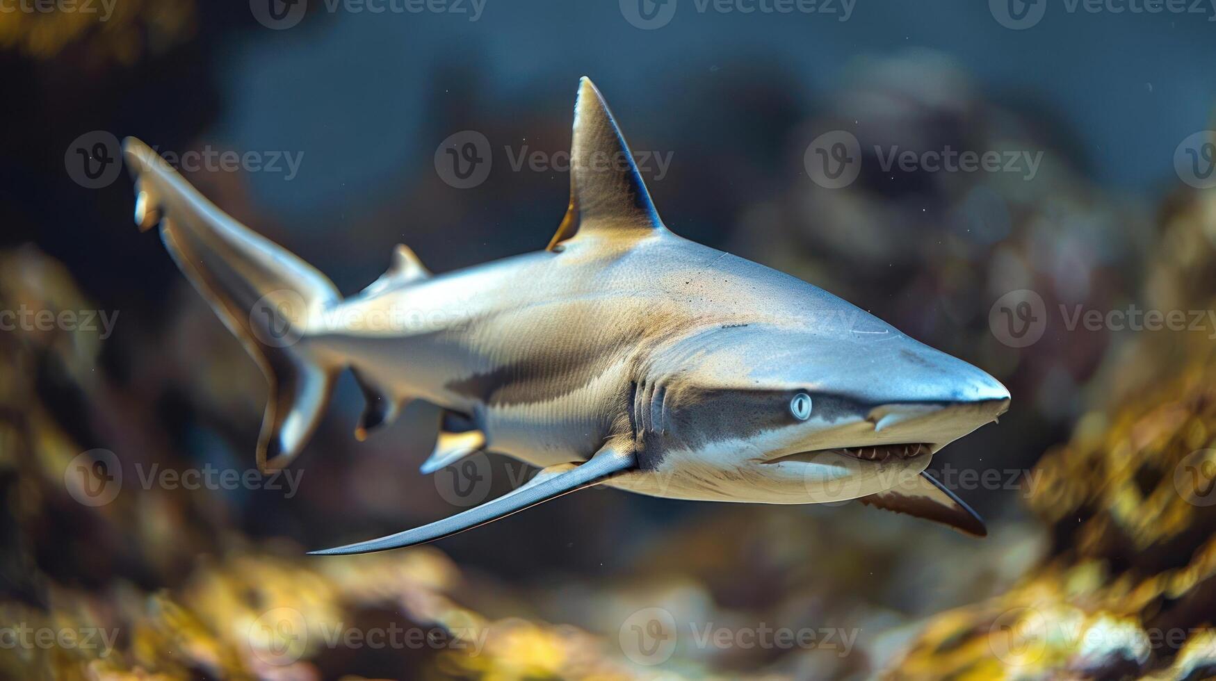 A large white shark with black tips on its fins, photo