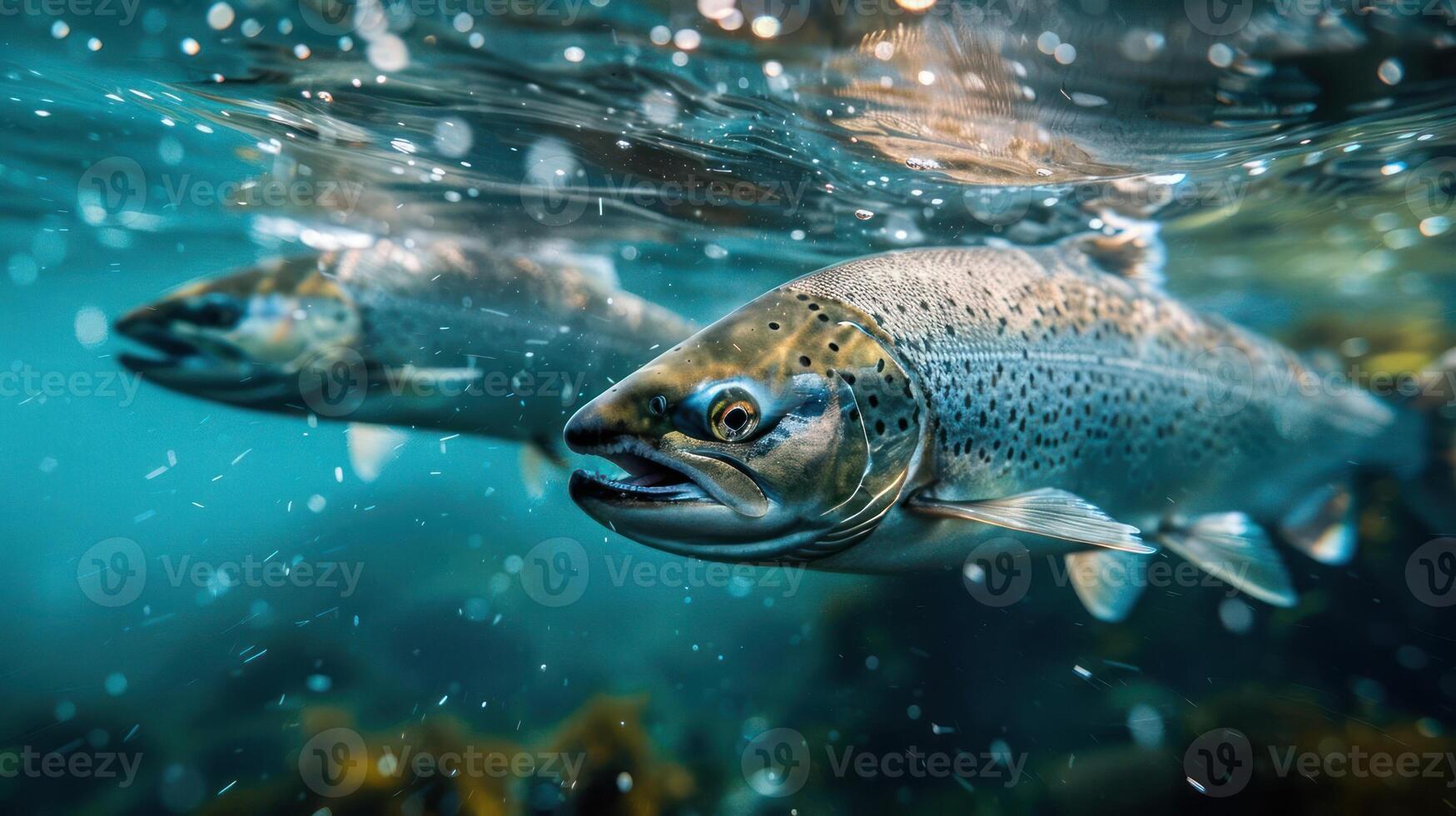 A photograph of a school of salmon in the ocean, swimming with seaweed and underwater plants. photo