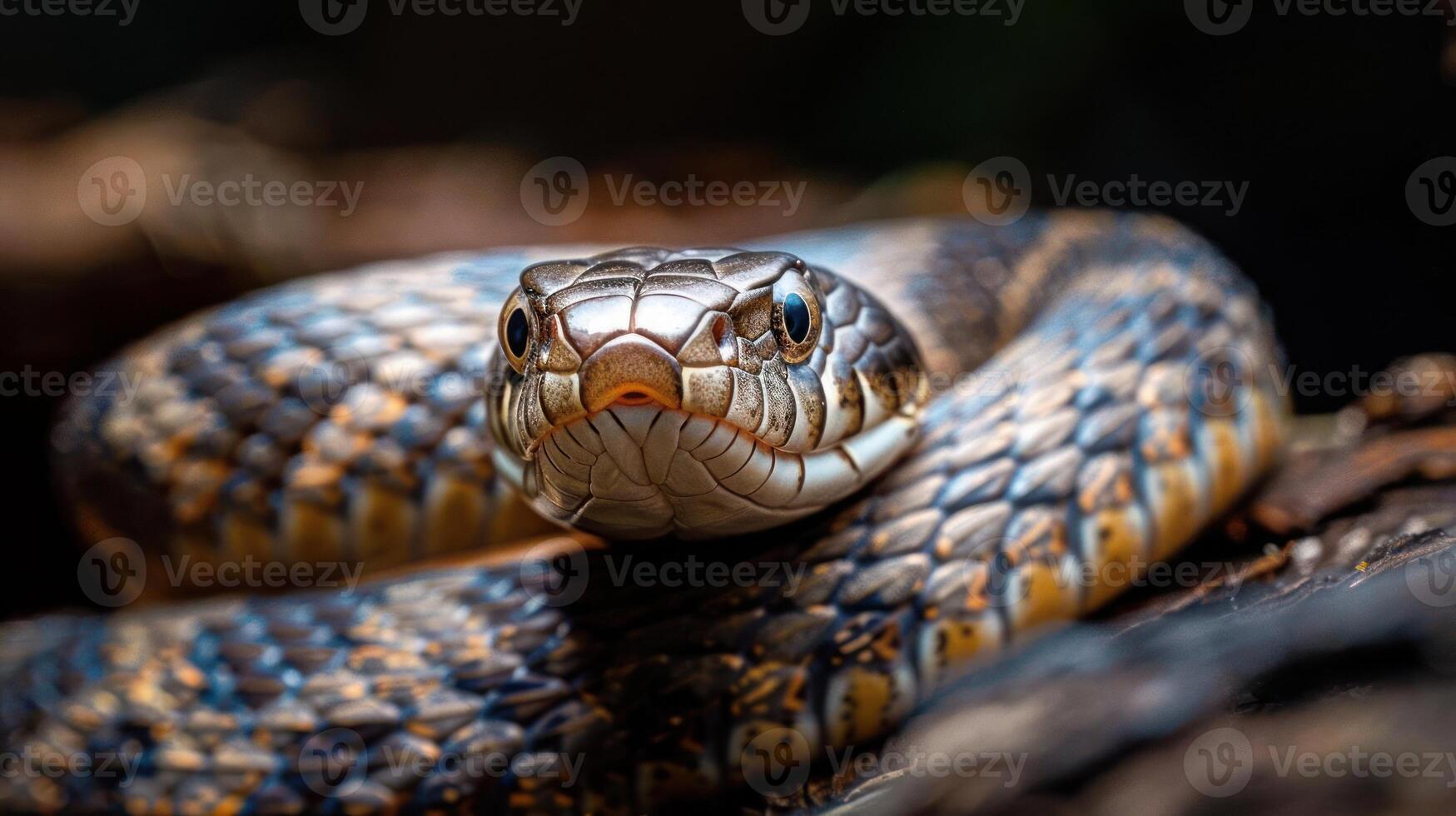 A close-up image of a snake with striking patterned scales photo