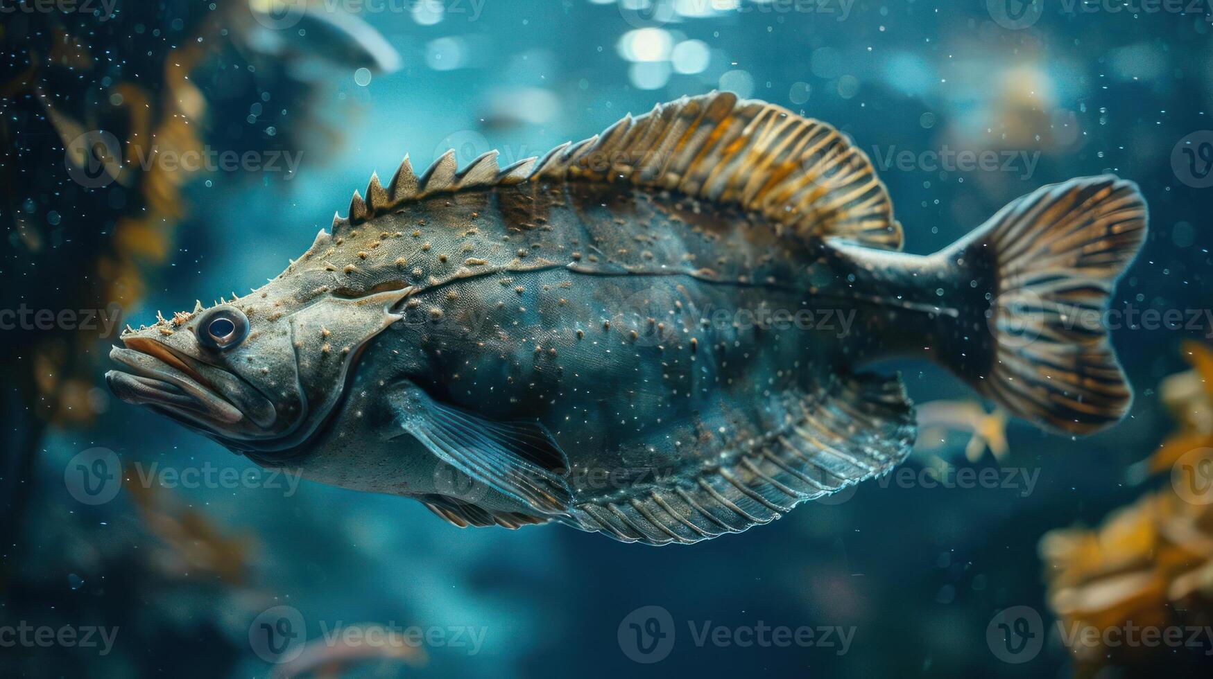 Underwater photo of a grouper with an underwater barcode tattoo on its face.
