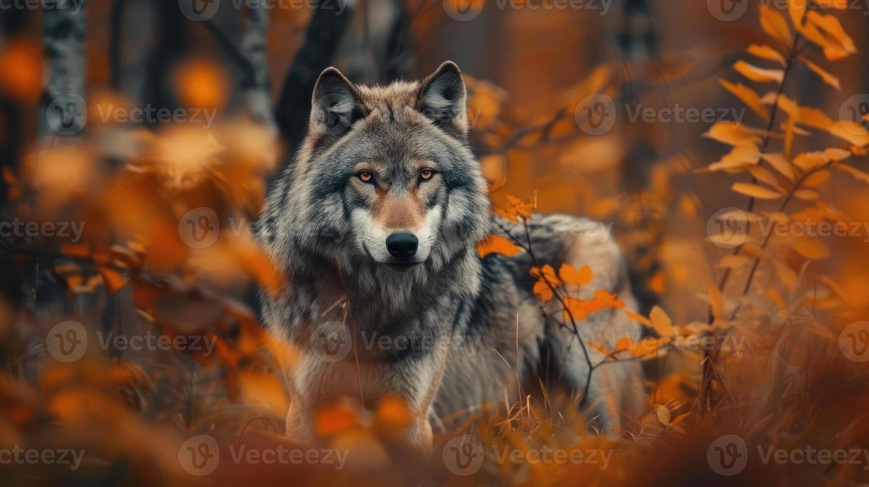 A wolf looking out over a forest in autumn, surrounded by the vibrant colors of fall. photo