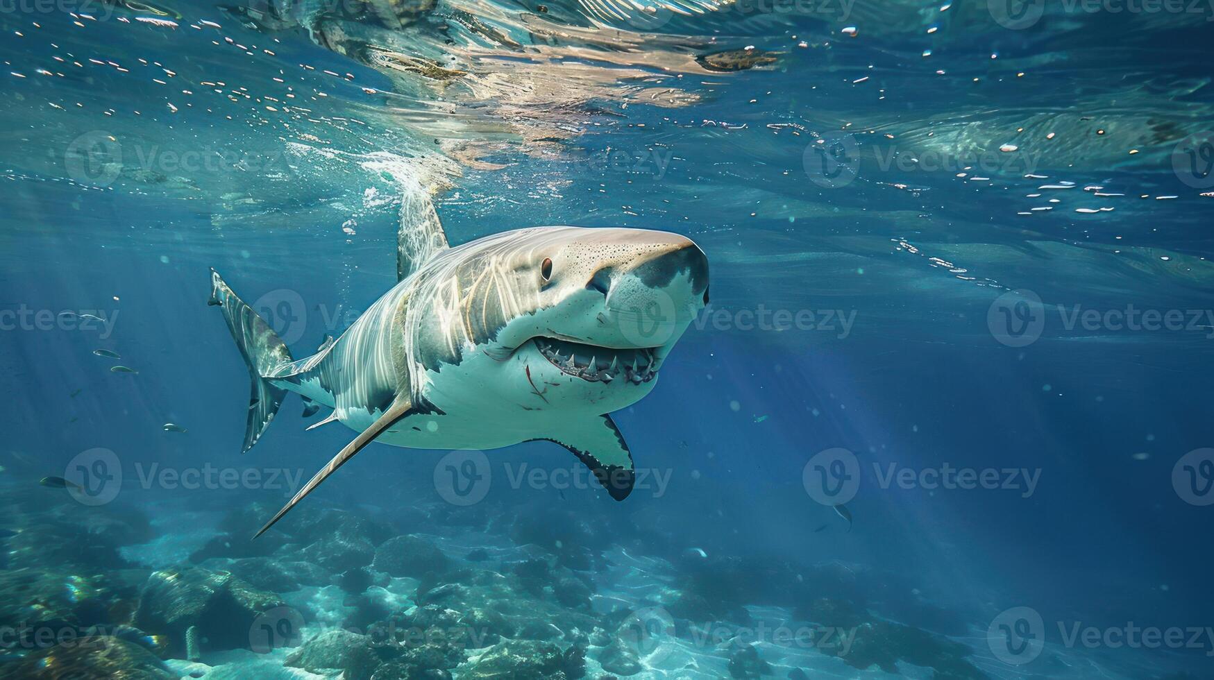 A shark under the ocean's surface swimming towards a camera. photo