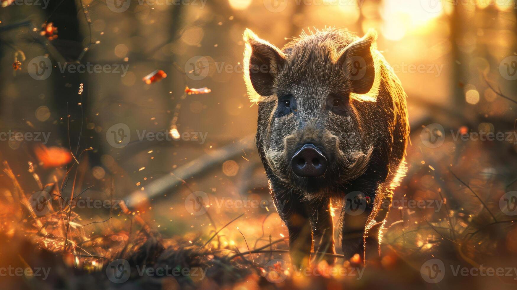 A fluffy pig walking in an autumn forest during golden hour with sunlight filtering through the tree photo