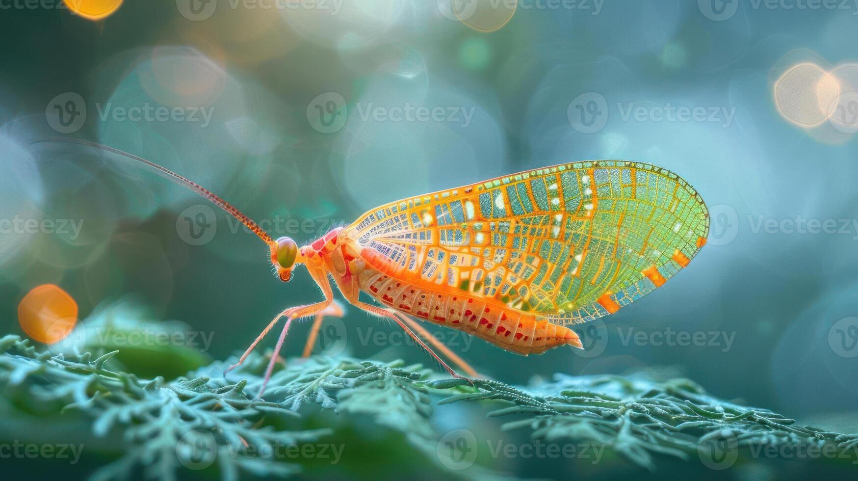 A vibrant golden insect, possibly a grasshopper, rests on top of lush green foliage. photo
