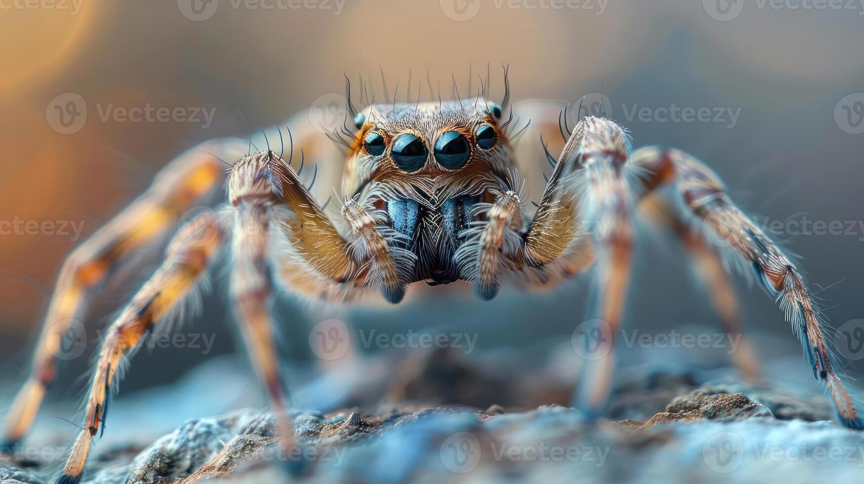 a close-up of a spider on a rock, showcasing its intricate web and the fine details of its body. photo