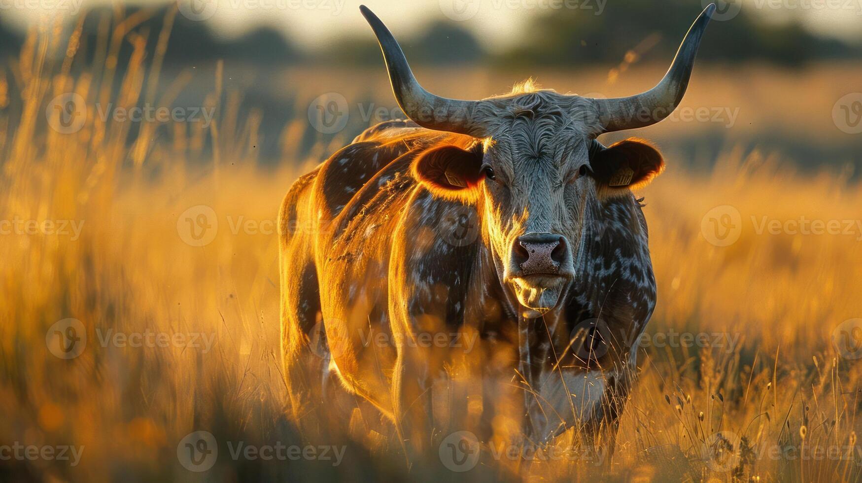 A bull with large curved horns in a grassy field during sunset, under a clear sky. photo