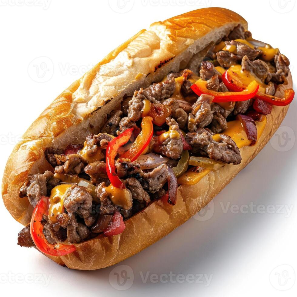 Cheesesteak sandwich with steak, onions, and peppers. Topped with cheese. photo