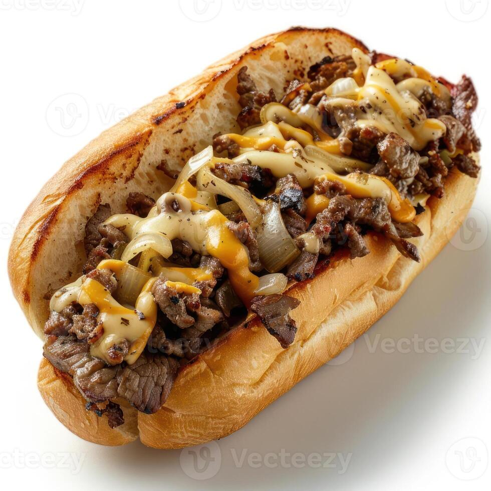 A beef steak sandwich covered in melted cheddar cheese, caramelized onions, and a creamy sauce. photo