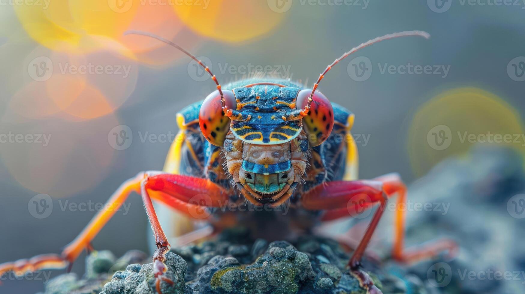 A close-up photo of a vibrantly colored insect, possibly a beetle or a locust,