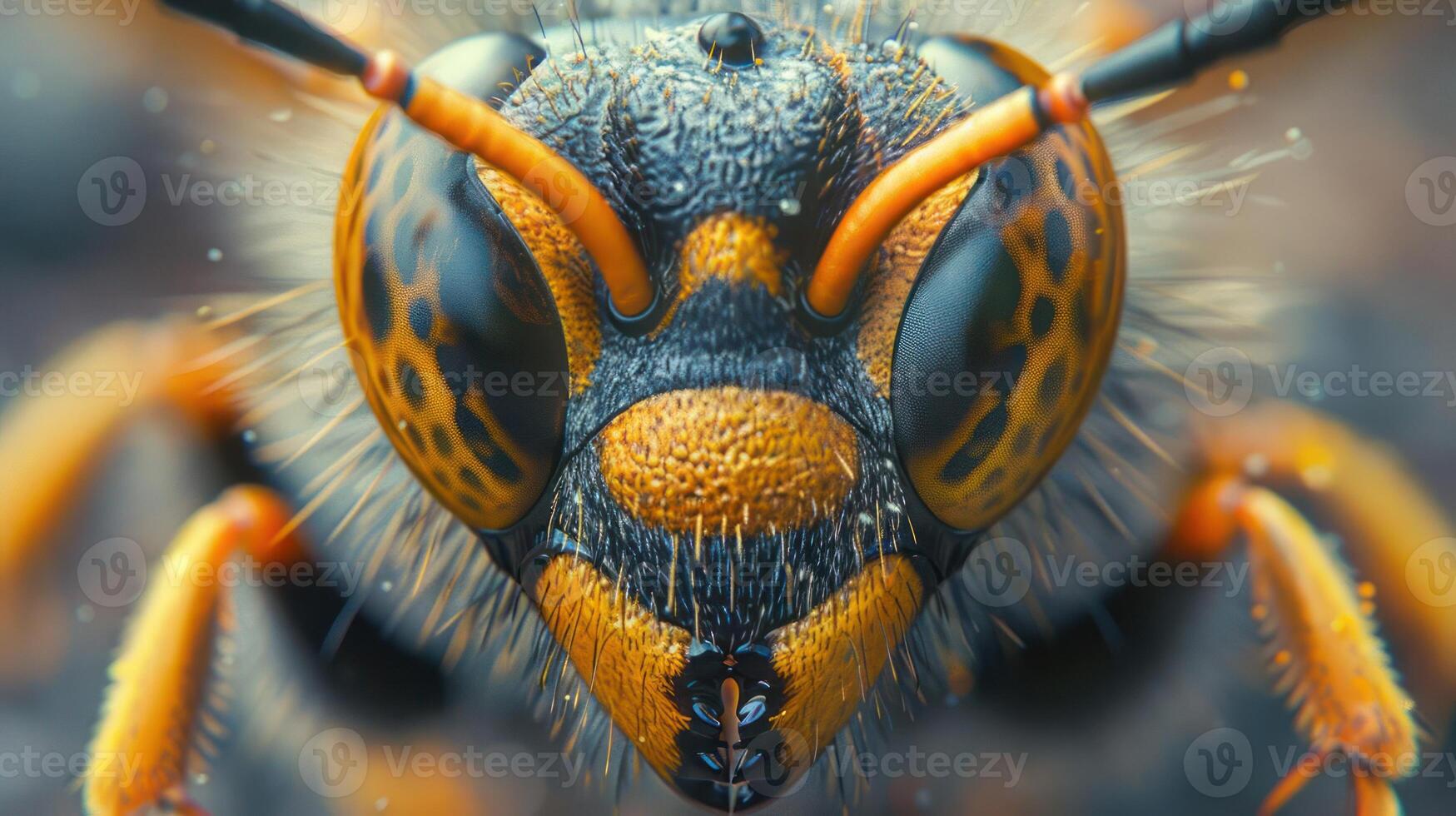 High-resolution image of a bee with an extreme close-up focusing on its large, compelling eye. photo