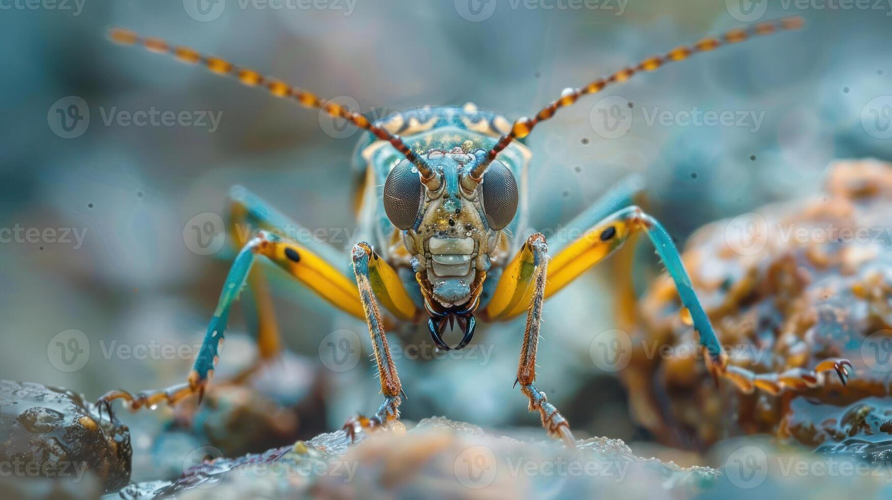A vividly colored exotic bug resting on the ground with a detailed and textured background. photo