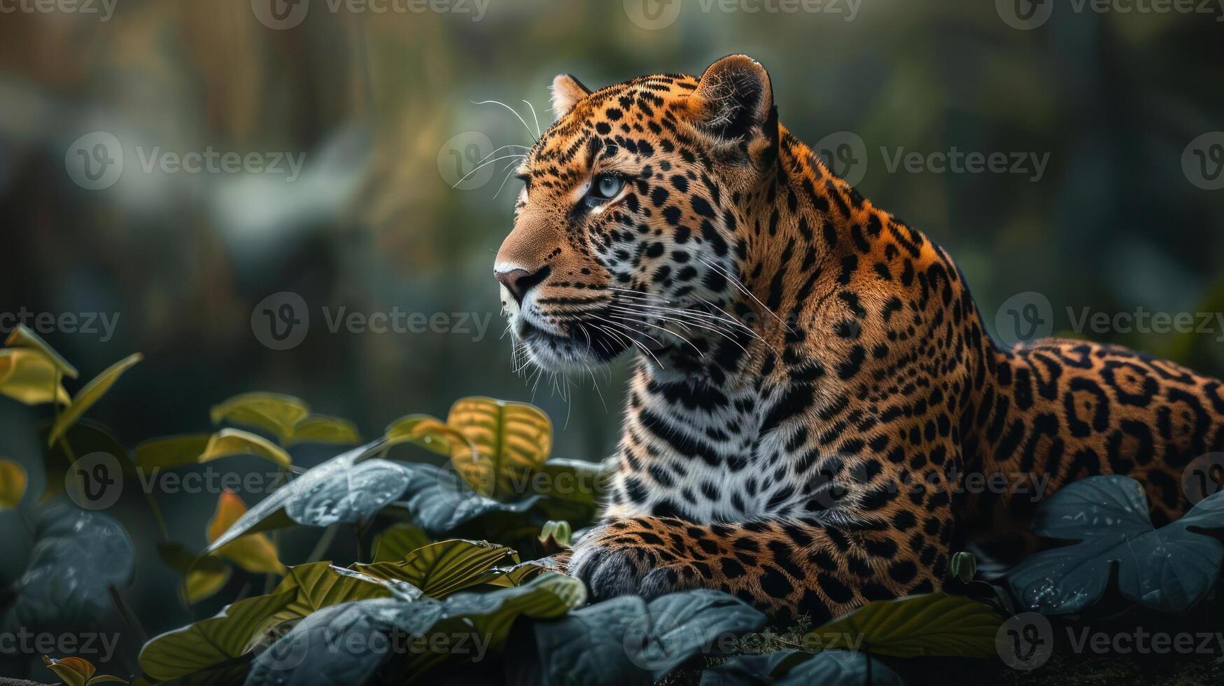 An image of a jaguar cub, captured in the wild, staring into the camera with a serious expression. photo