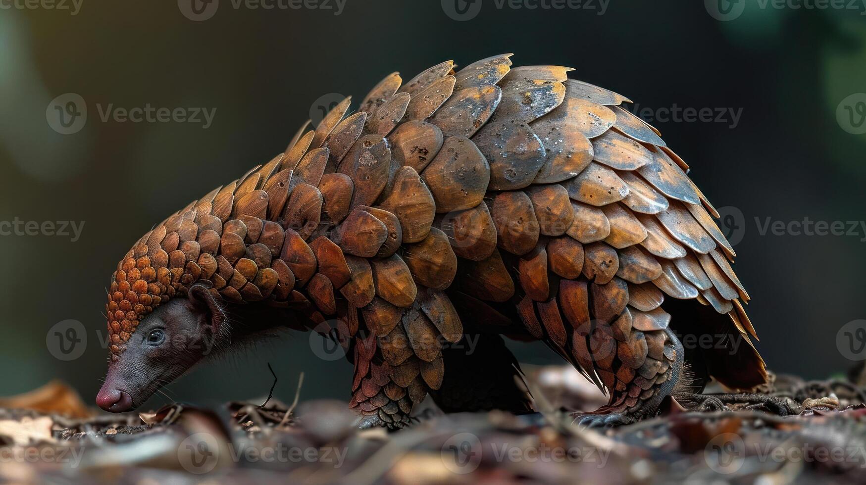 Close-up photo of a pangolin with overlapping scales, showing its unique appearance.