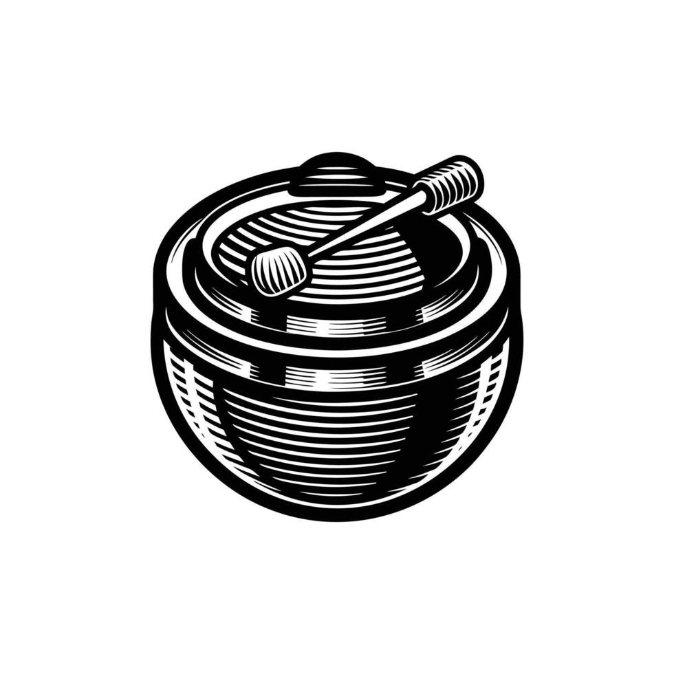 A black and white image of a bowl with a spoon vector