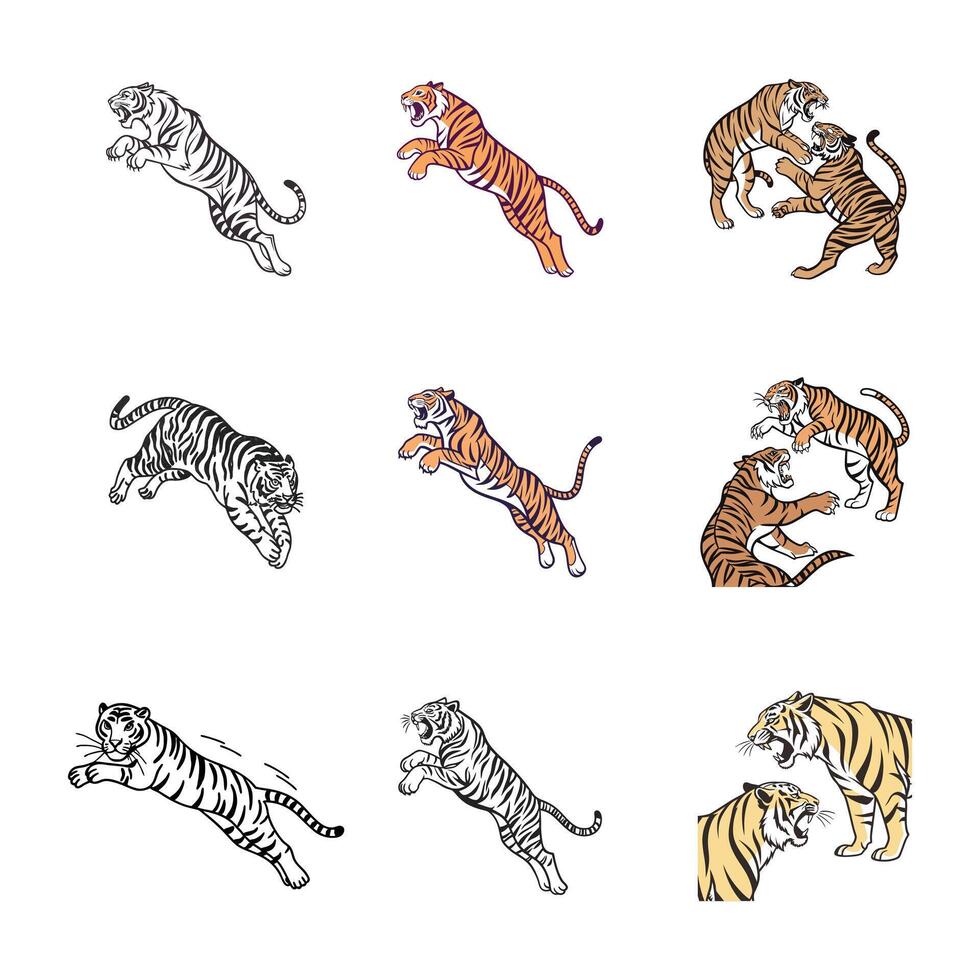 Tiger fighting set of icons illustration vector