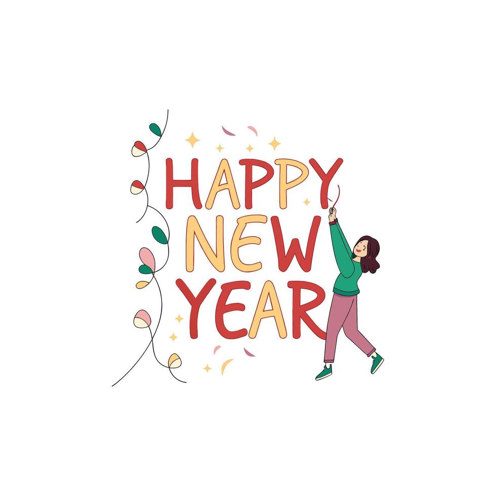 Happy new year greeting card with girl holding up a string of lights vector