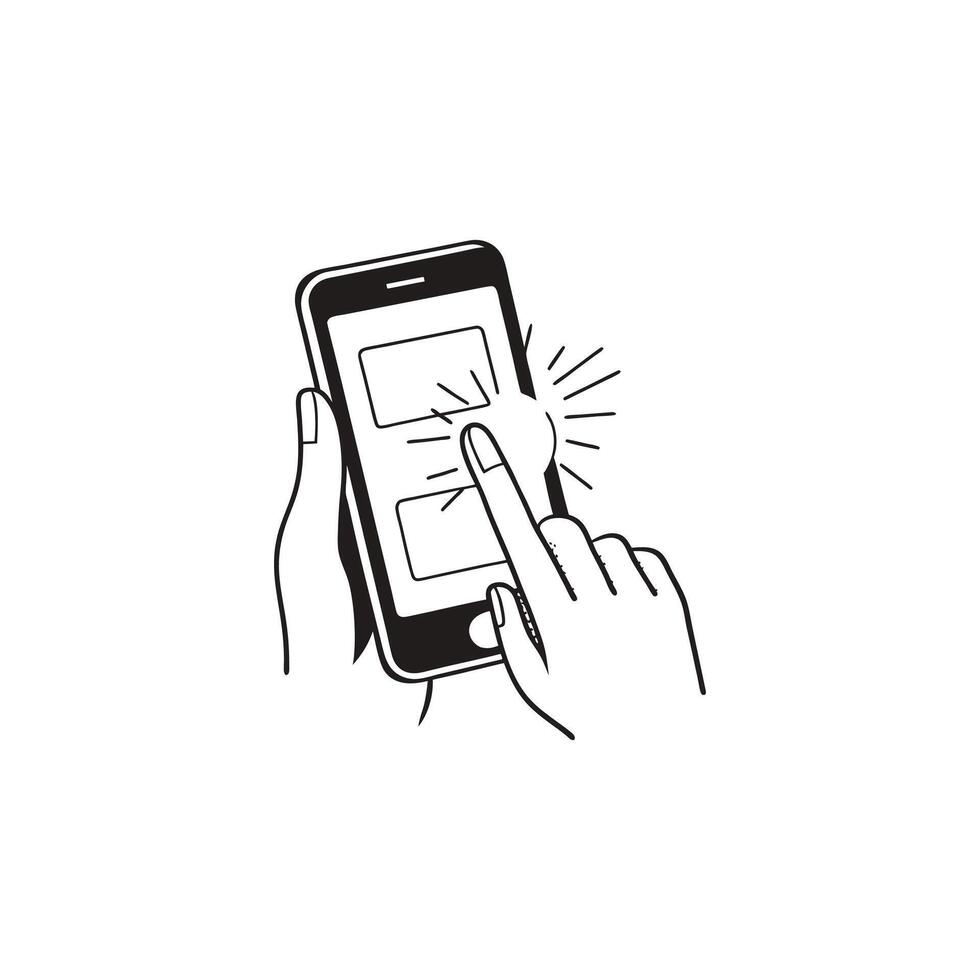 Hand holding a smartphone with a finger on the screen vector