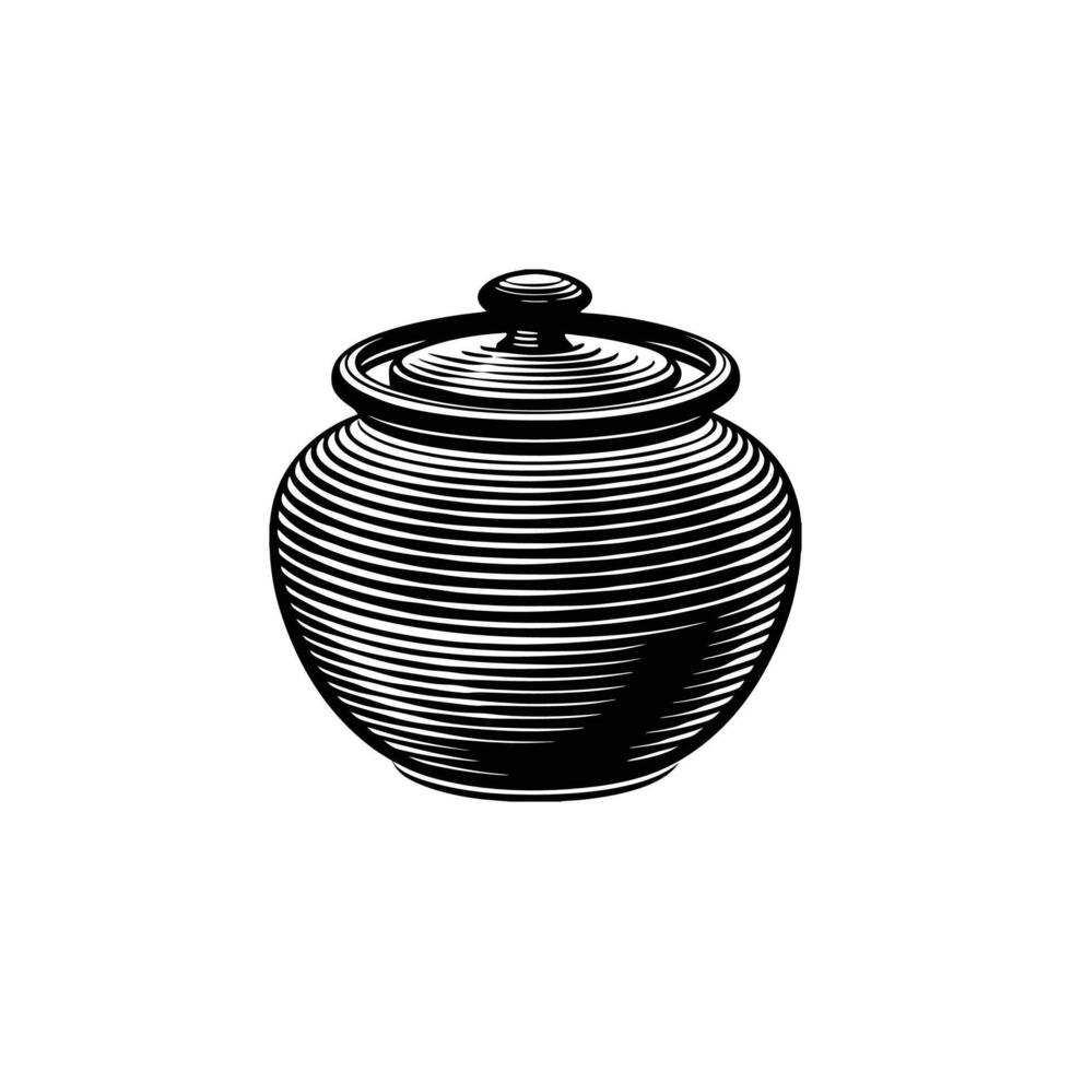 A black and white drawing of a pot with a lid vector