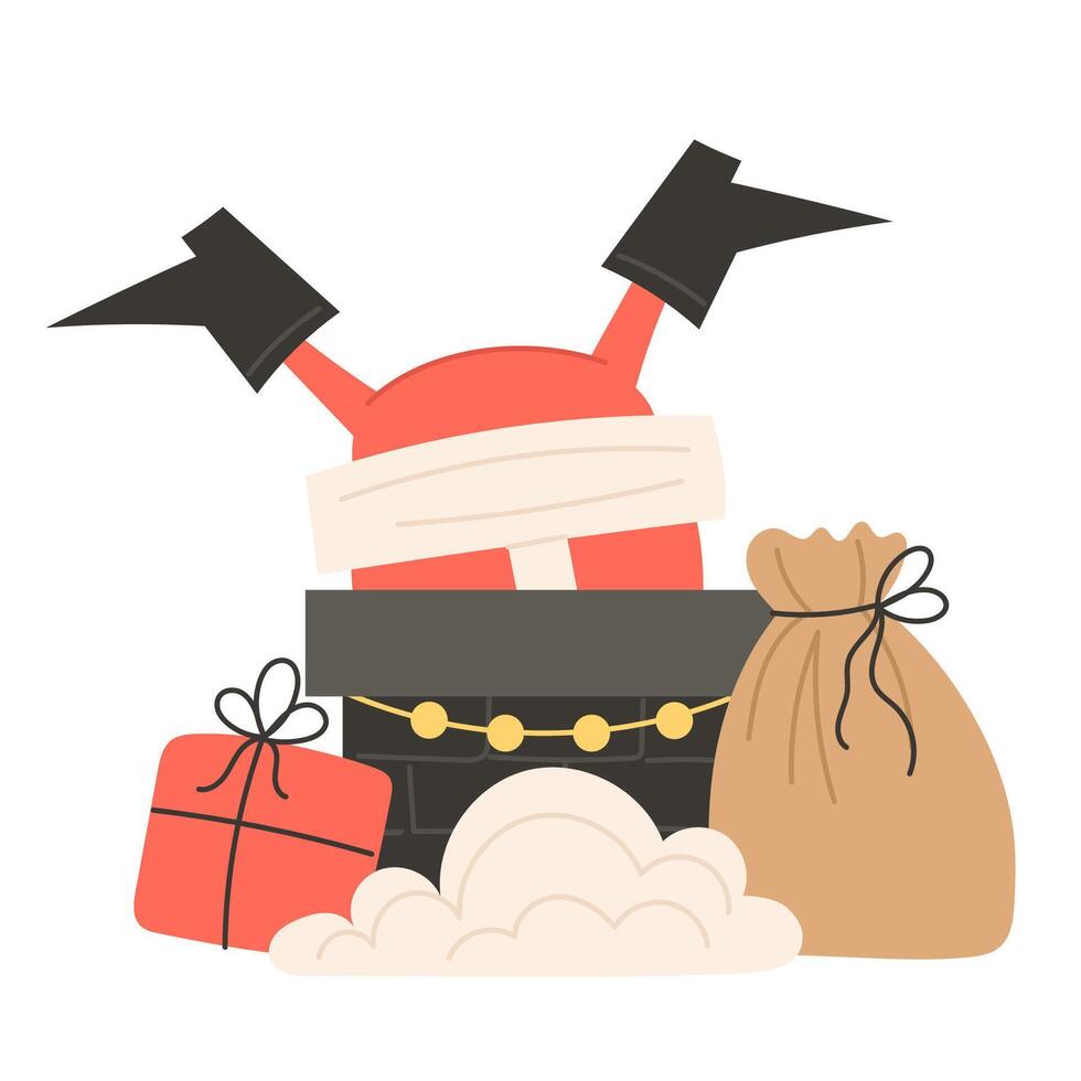 Santa Claus stuck in the chimney delivering gifts for Christmas vector