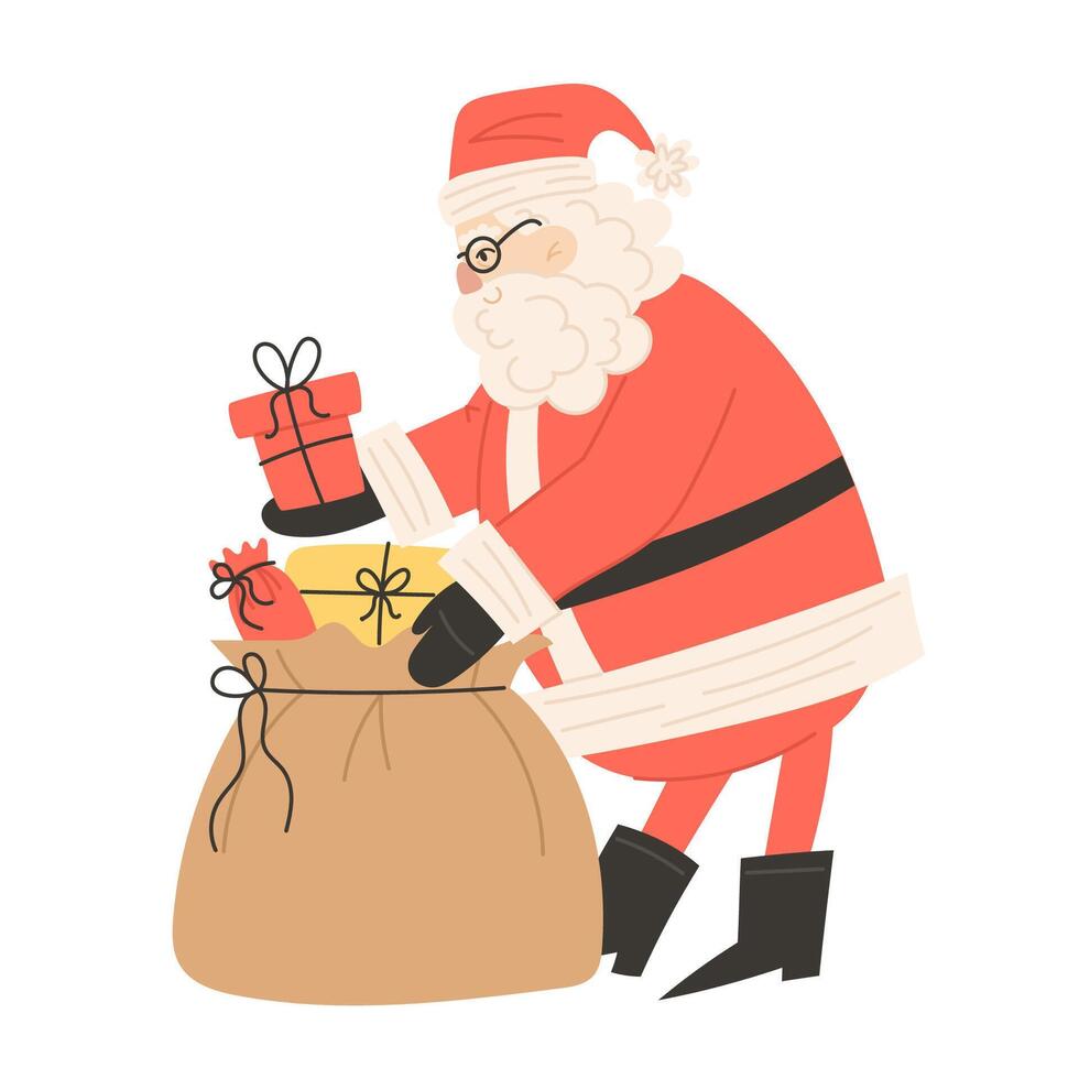 Santa Claus putting gifts into a sack for Christmas vector
