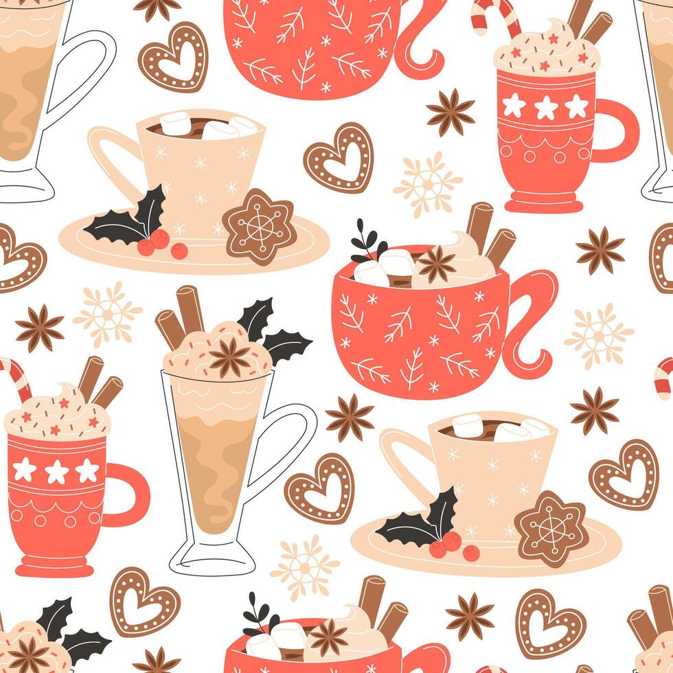 Seamless Christmas pattern of mugs with hot drinks and gingerbread cookies vector