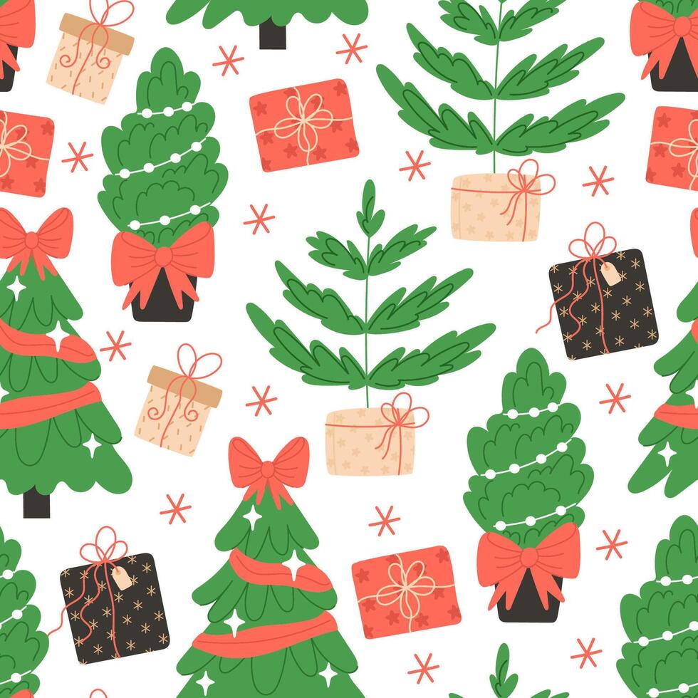 Seamless pattern of Christmas trees and gift boxes vector