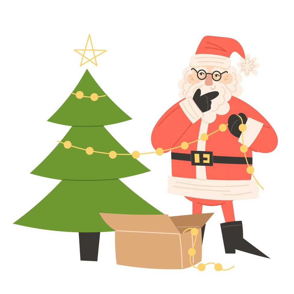 Santa Claus decorating a Christmas tree with ornaments vector